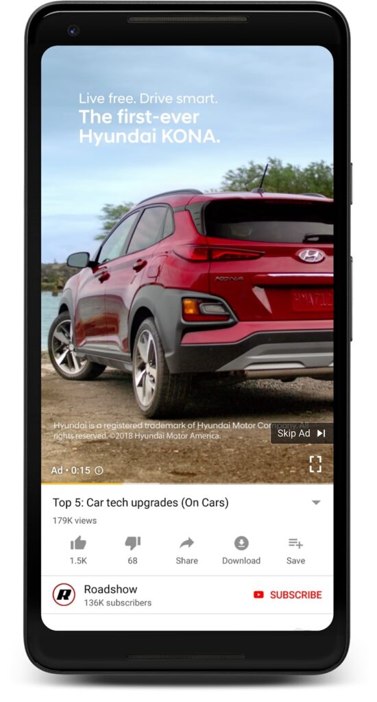 画像：Google　縦型動画広告を採用することでスマートフォンで閲覧した際により大きく画面を占有し、強いブランドイメージを訴求することができる。